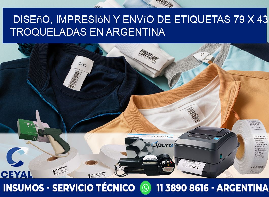 Diseño, impresión y envío de etiquetas 79 x 43 troqueladas en Argentina