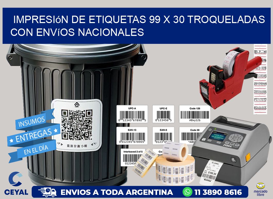 Impresión de etiquetas 99 x 30 troqueladas con envíos nacionales
