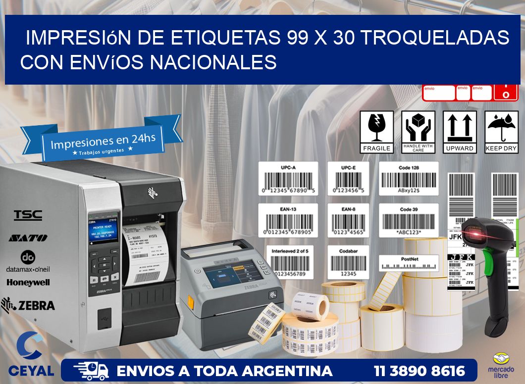 Impresión de etiquetas 99 x 30 troqueladas con envíos nacionales