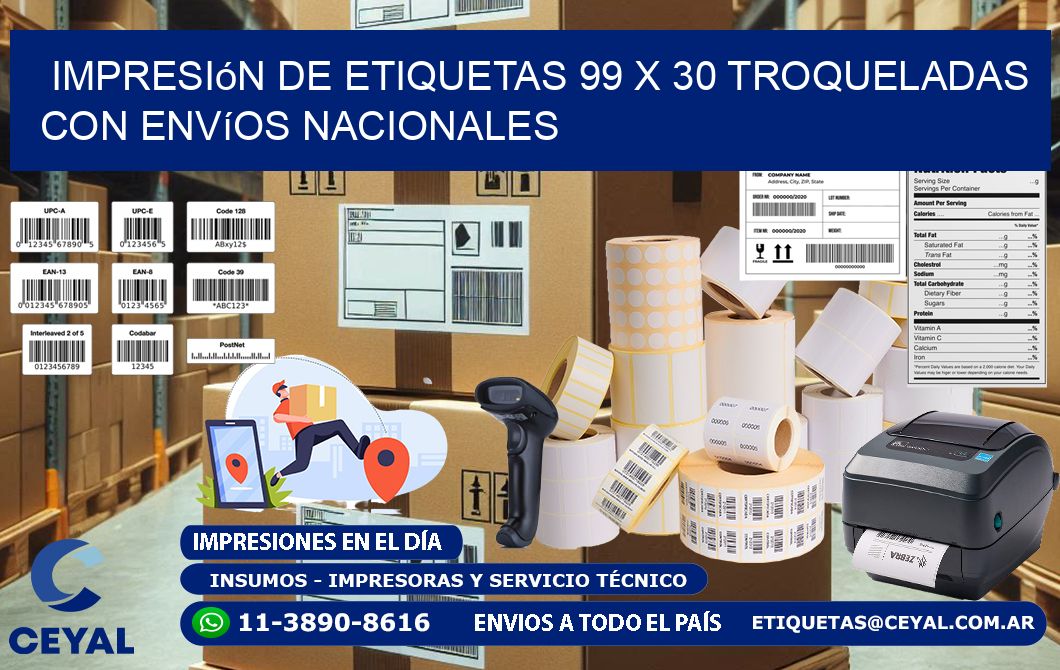 Impresión de etiquetas 99 x 30 troqueladas con envíos nacionales