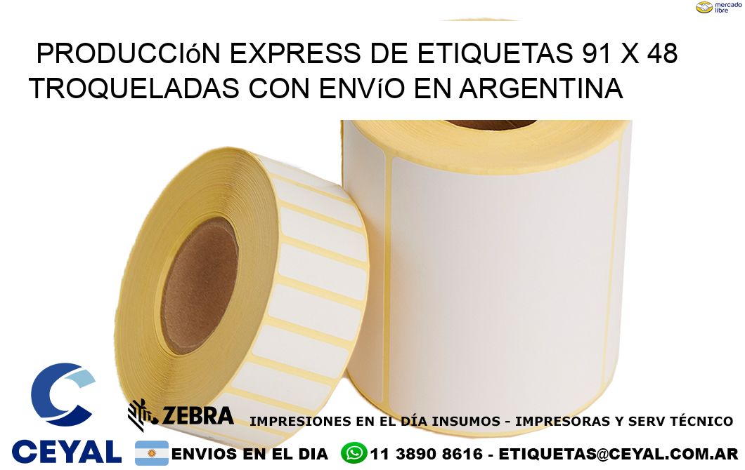 Producción express de etiquetas 91 x 48 troqueladas con envío en Argentina
