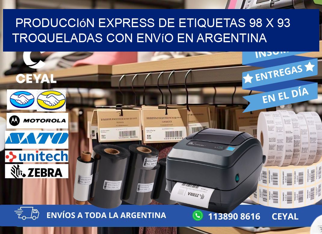 Producción express de etiquetas 98 x 93 troqueladas con envío en Argentina