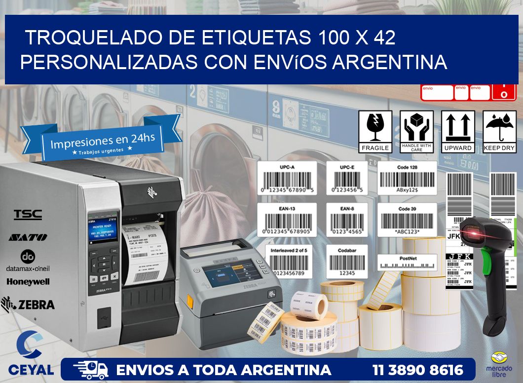 Troquelado de etiquetas 100 x 42 personalizadas con envíos Argentina