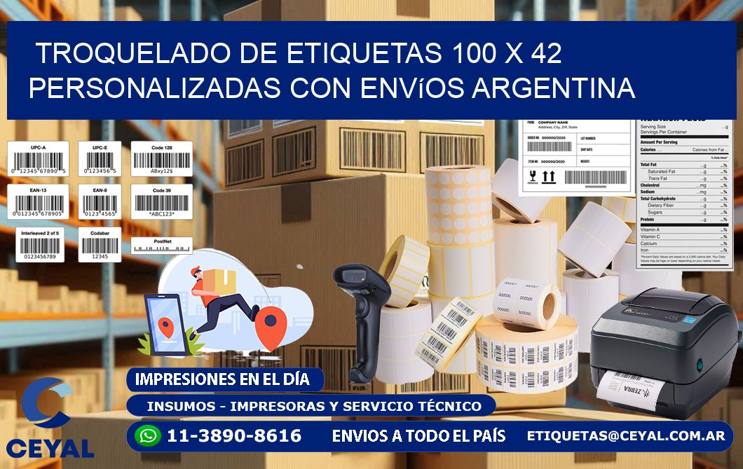 Troquelado de etiquetas 100 x 42 personalizadas con envíos Argentina