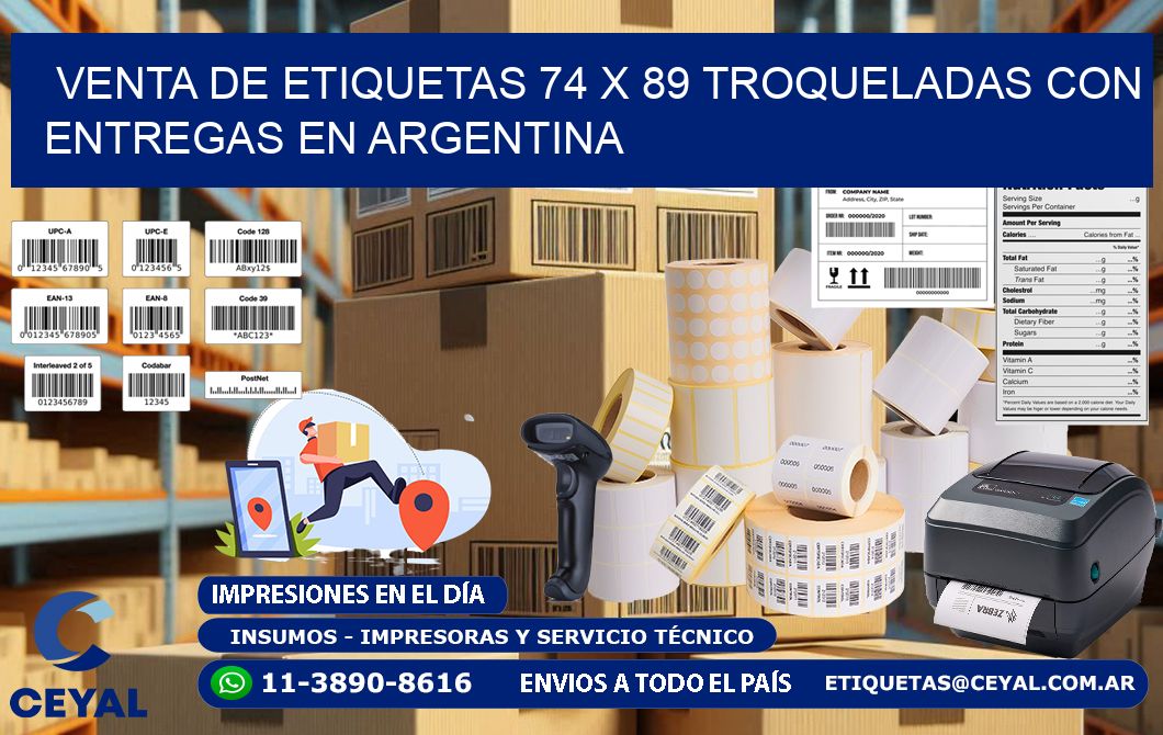 Venta de etiquetas 74 x 89 troqueladas con entregas en Argentina