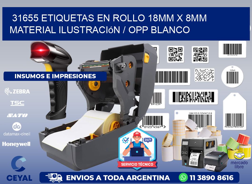 31655 Etiquetas en rollo 18mm x 8mm material Ilustración / OPP Blanco