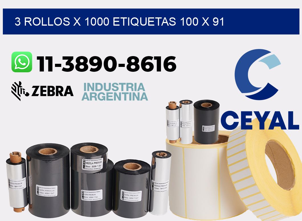 3 rollos x 1000 etiquetas 100 x 91