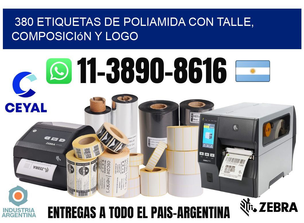 380 Etiquetas de poliamida con talle, composición y logo