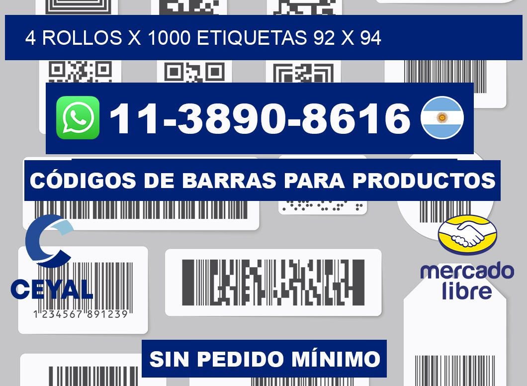 4 rollos x 1000 etiquetas 92 x 94