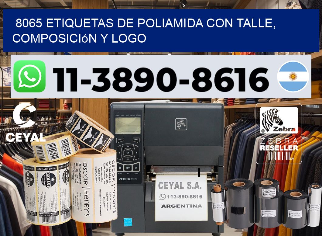 8065 Etiquetas de poliamida con talle, composición y logo