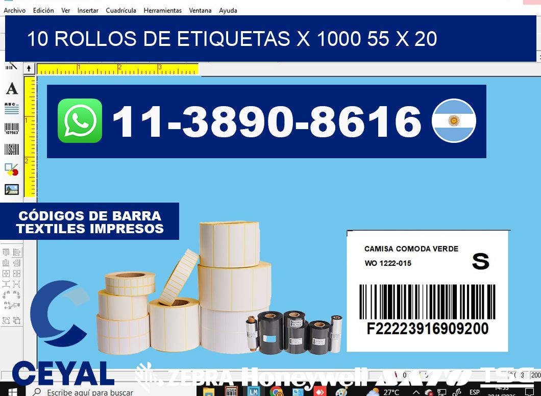 10 rollos de etiquetas x 1000 55 x 20