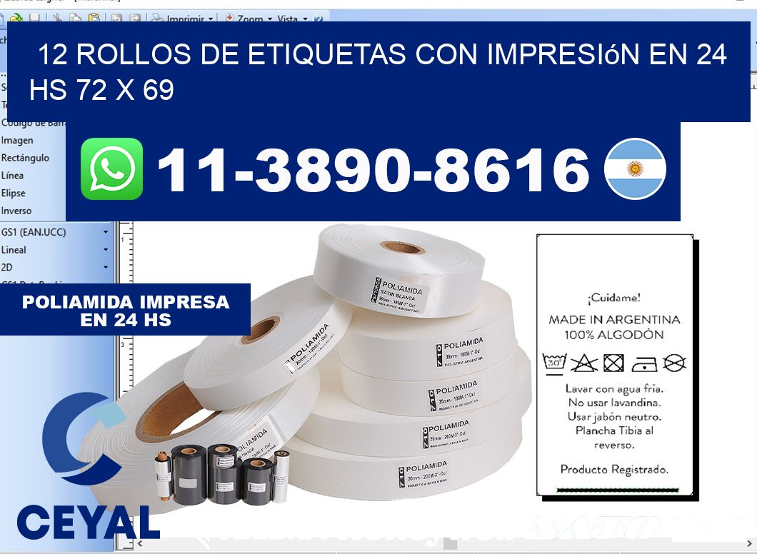 12 rollos de etiquetas con impresión en 24 hs 72 x 69