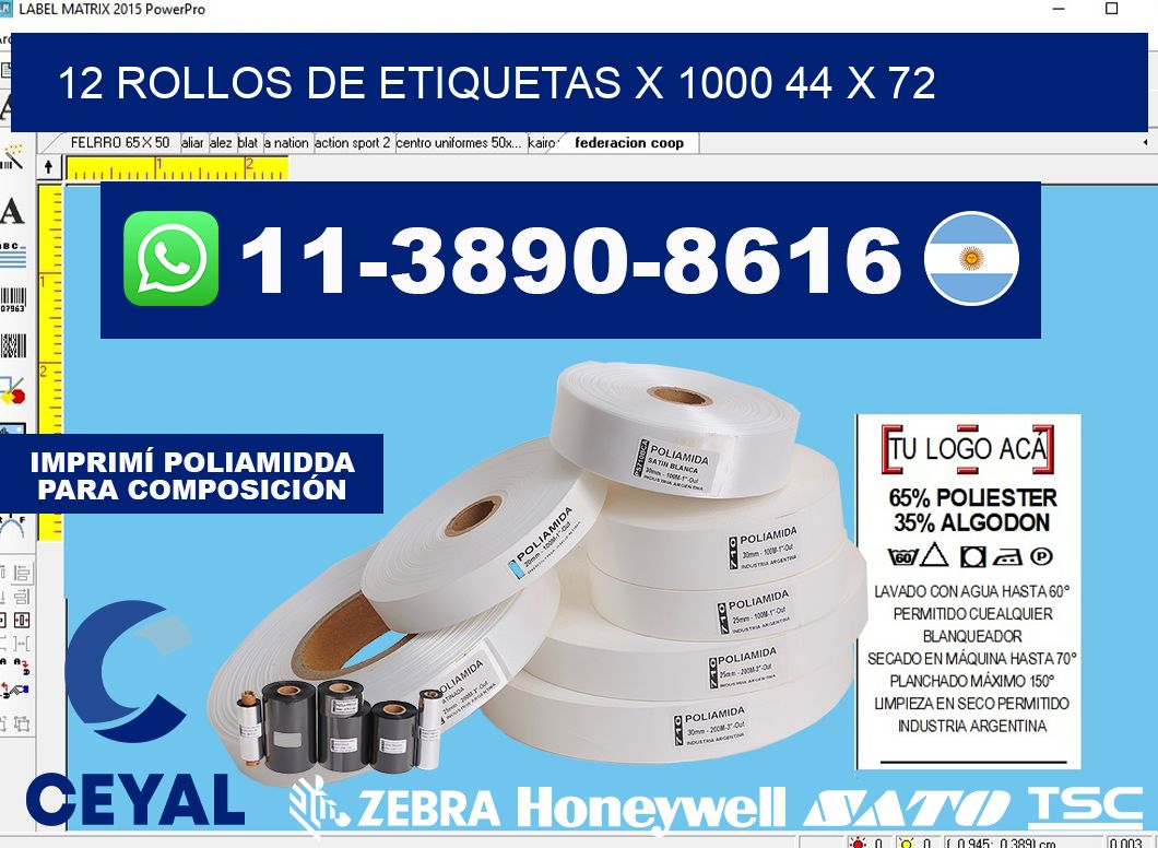 12 rollos de etiquetas x 1000 44 x 72
