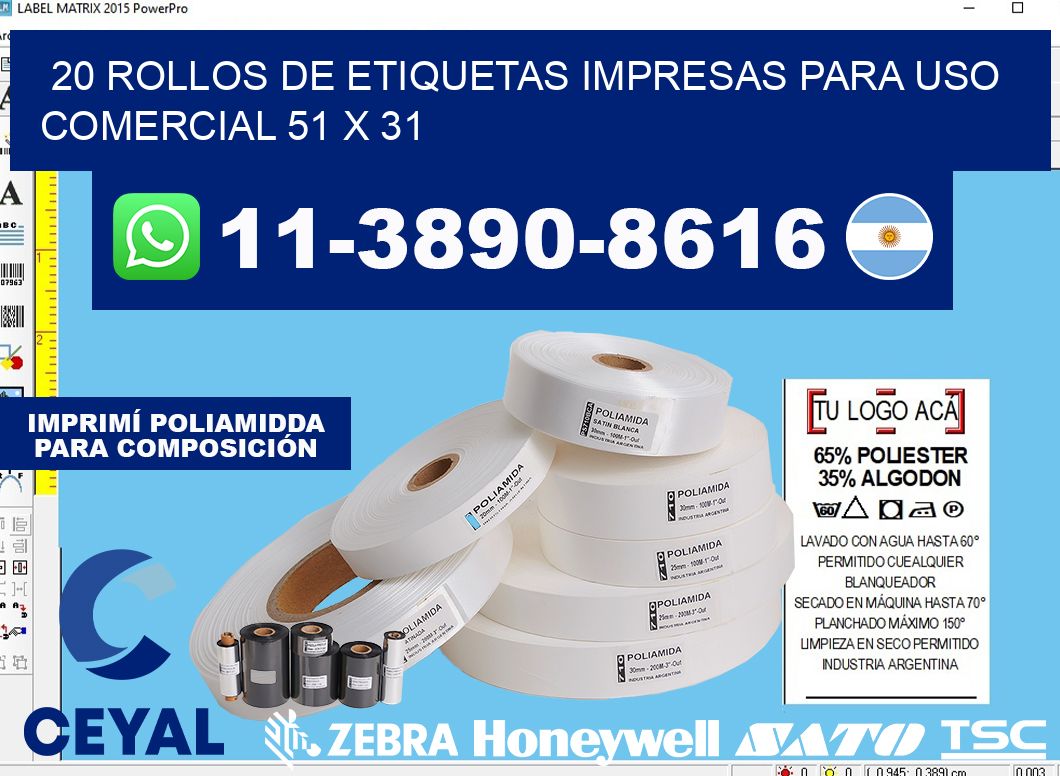 20 rollos de etiquetas impresas para uso comercial 51 x 31