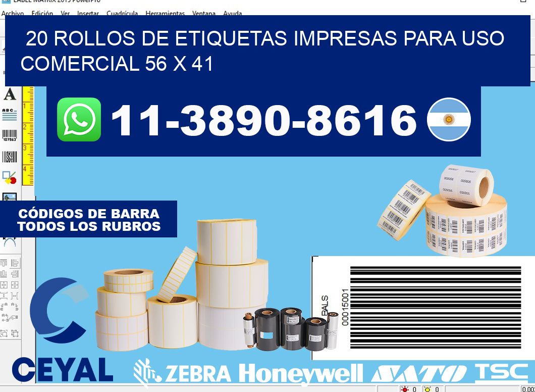20 rollos de etiquetas impresas para uso comercial 56 x 41
