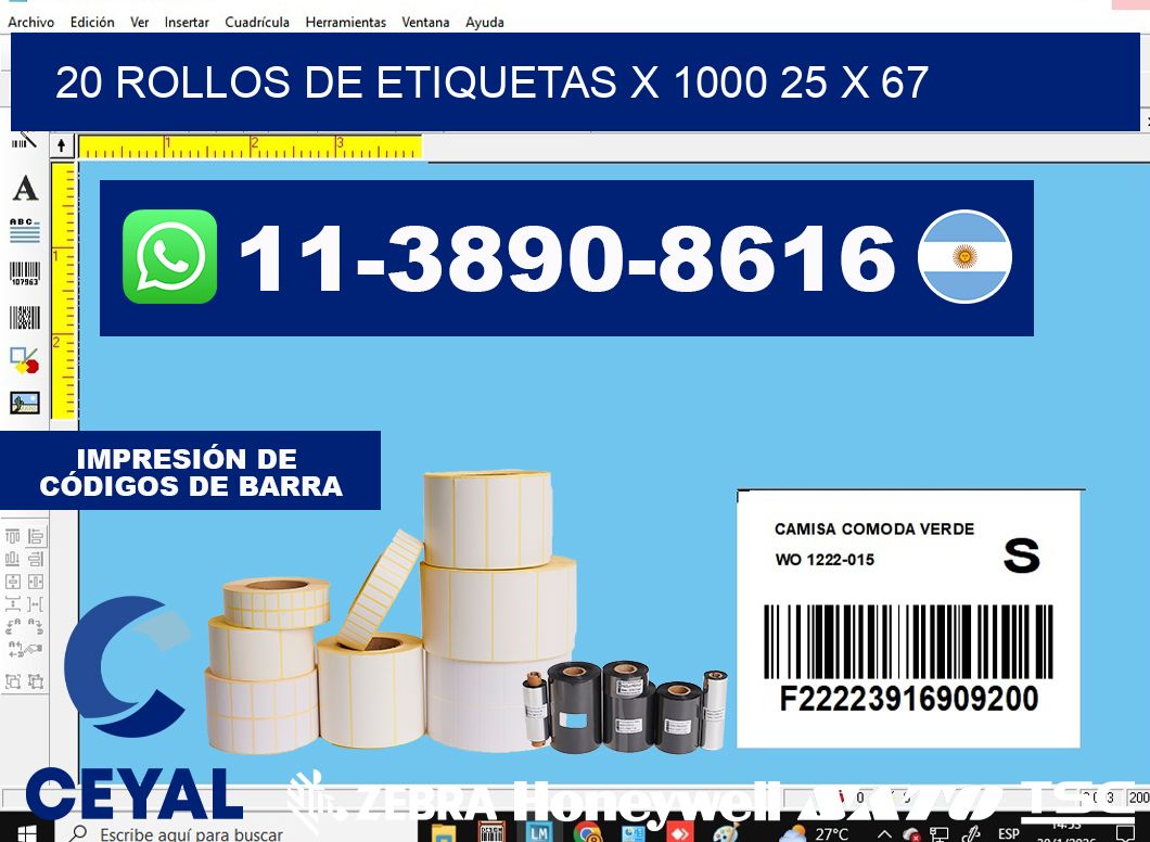 20 rollos de etiquetas x 1000 25 x 67