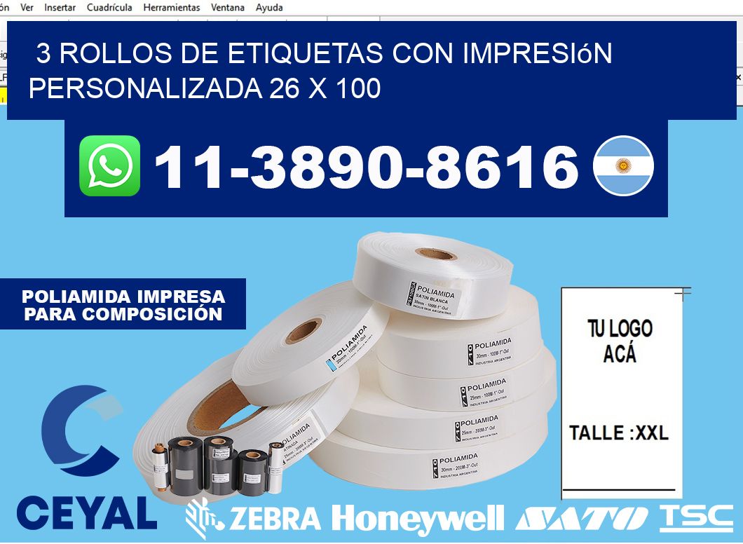 3 rollos de etiquetas con impresión personalizada 26 x 100