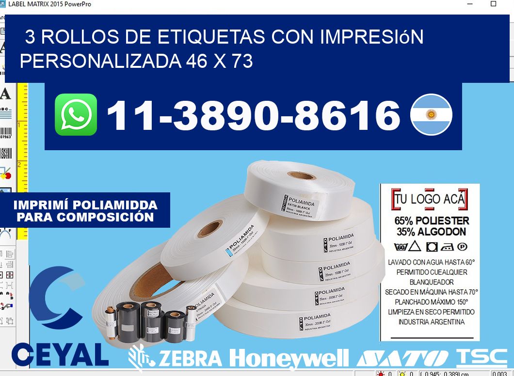 3 rollos de etiquetas con impresión personalizada 46 x 73