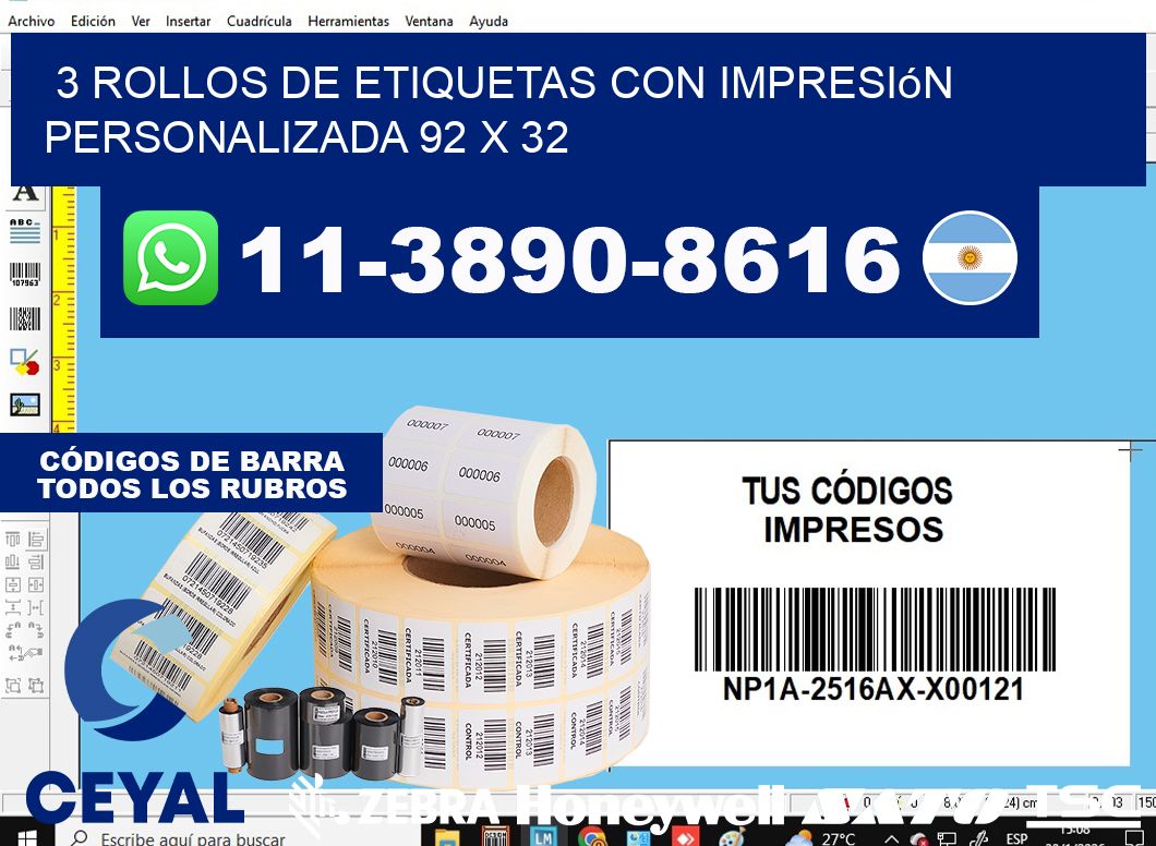 3 rollos de etiquetas con impresión personalizada 92 x 32