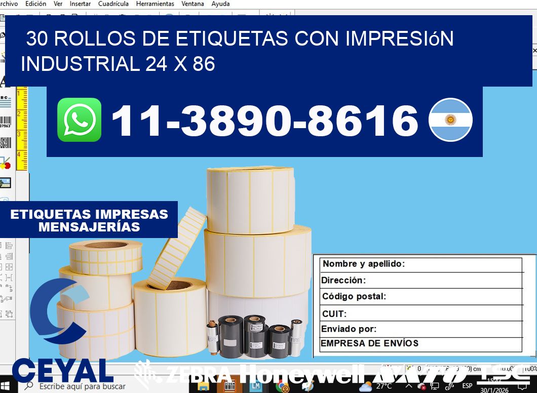 30 rollos de etiquetas con impresión industrial 24 x 86