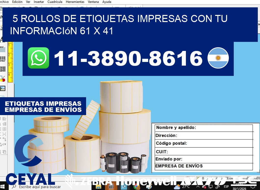 5 rollos de etiquetas impresas con tu información 61 x 41