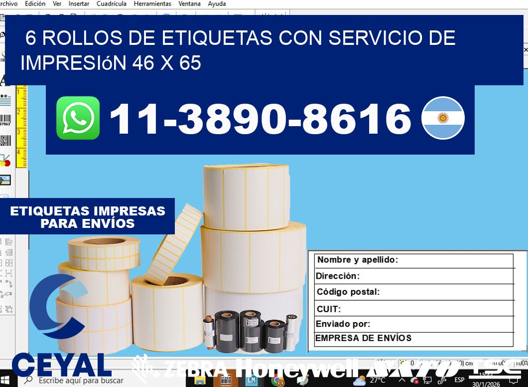 6 rollos de etiquetas con servicio de impresión 46 x 65
