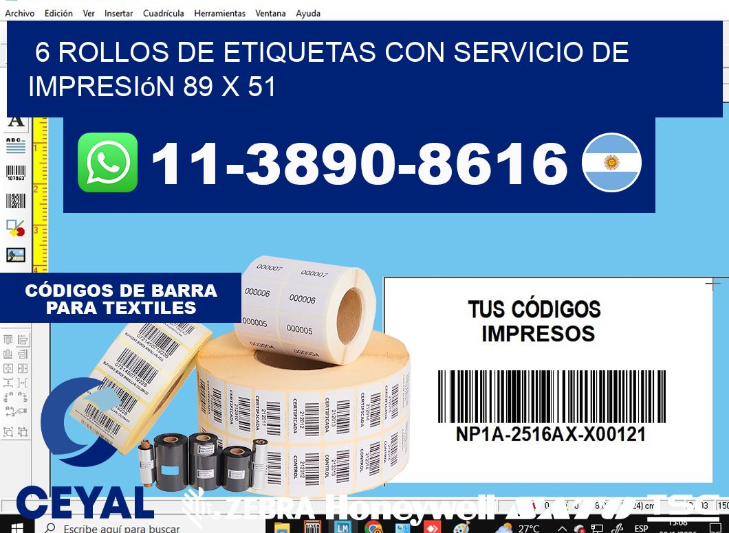 6 rollos de etiquetas con servicio de impresión 89 x 51