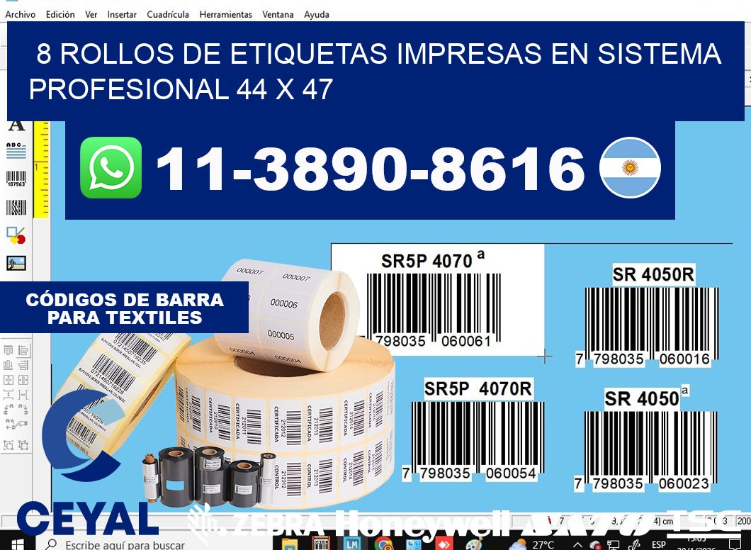 8 rollos de etiquetas impresas en sistema profesional 44 x 47