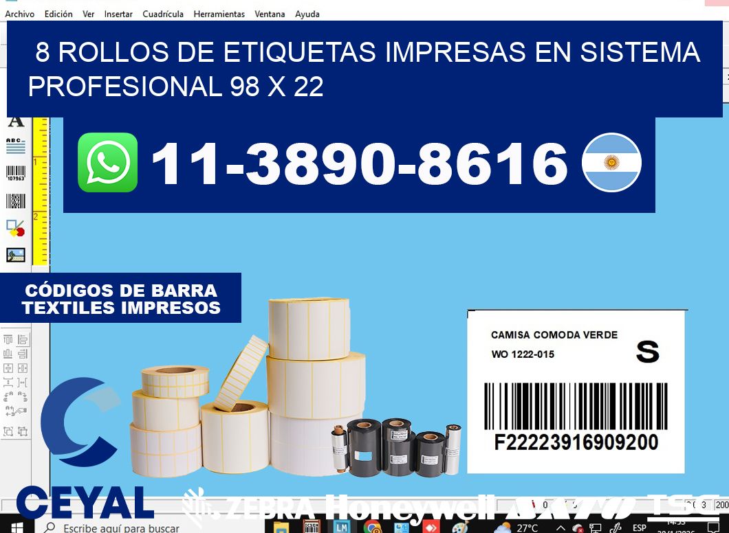 8 rollos de etiquetas impresas en sistema profesional 98 x 22