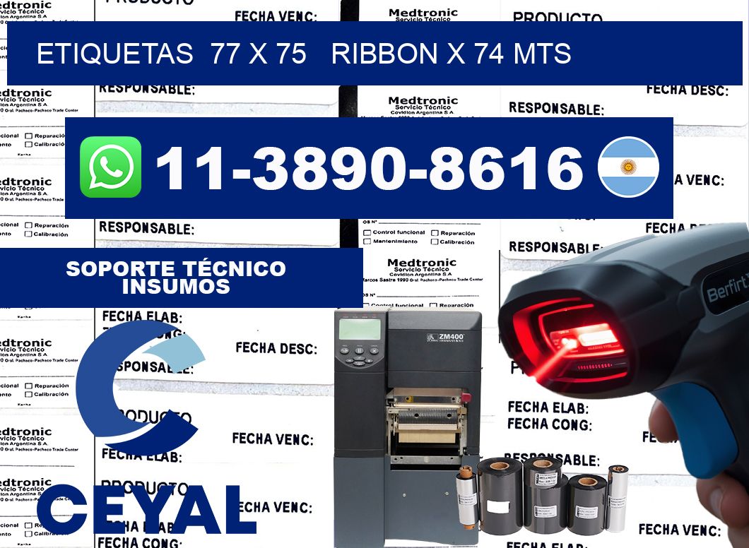 etiquetas  77 x 75   ribbon x 74 mts