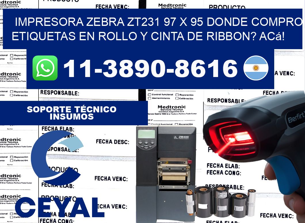 impresora zebra zt231 97 x 95 Donde compro etiquetas en rollo y cinta de ribbon? Acá!